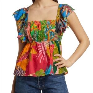 Farm Rio Colorful Tropical Print tie back Blouse